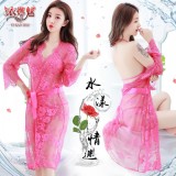 《YIRAN MEI》水漾情迷！三點式輕透裸肌細膩蕾絲睡袍組﹝玫紅﹞